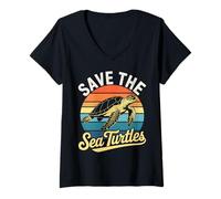 Femme Save The Turtles Animal Rights Tortue de mer Style rétro T-Shirt avec Col en V