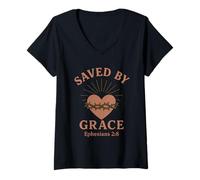 Femme Saved by Grace Ephesians 2:8 Verset biblique chrétien T-Shirt avec Col en V