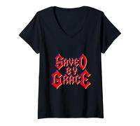 Femme « Saved by Grace » Heavy Metal Font Christian Faith T-Shirt avec Col en V