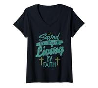 Femme Saved by Grace Religieux Christian God Living by Faith Jésus T-Shirt avec Col en V