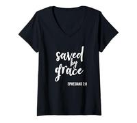 Femme Saved by Grace Religious Faith Écriture Bible Verse T-Shirt avec Col en V