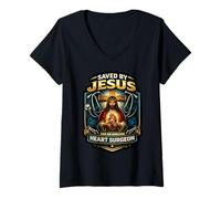 Femme Saved by Jesus and an Amazing Heart Survivor Survivor Christ T-Shirt avec Col en V