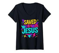 Femme Saved by Jesus Christian Retro années 80-90 Memphis Pop Esthétique T-Shirt avec Col en V