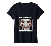 Femme Saw Got Any Games on Your Phone Jigsaw Meme Horror Movie T-Shirt avec Col en V