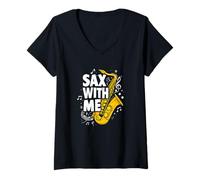 Femme Sax with me Saxophone Brass Band Jazz Saxophoniste Saxophone T-Shirt avec Col en V