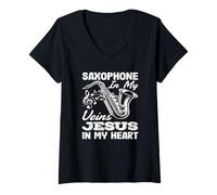 Femme Saxophone dans Mes veines : Jésus, Mon cœur, saxophoniste T-Shirt avec Col en V