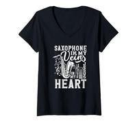 Femme Saxophone in My Veins, saxophoniste en Forme de cœur T-Shirt avec Col en V