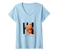 Femme Say Hi Nice to Meet You, Lovely Teddy Bear Graphic Designs T-Shirt avec Col en V