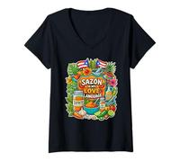 Femme Sazón est ma Langue d'amour T-Shirt avec Col en V