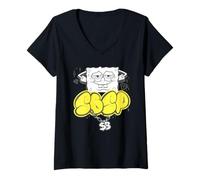 Femme SBSP Bob l'éponge Bling Diamond-Gold-Logo Hip Hop Rap Icon Ste T-Shirt avec Col en V