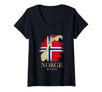 Femme Scandinavie Carte Norvège Coordonnées Drapeau Vintage Norge T-Shirt avec Col en V
