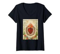 Femme Scapulaire du Sacré-Cœur Jésus T-Shirt avec Col en V