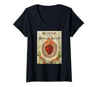 Femme Scapulaire du Sacré-Cœur Jésus T-Shirt avec Col en V