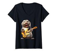 Femme Sceau de Dessin animé Amusant Jouant de la Guitare Basse Musicien T-Shirt avec Col en V