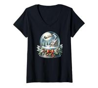 Femme Scène de Boule à Neige Confortable avec traîneau du Père Noël T-Shirt avec Col en V