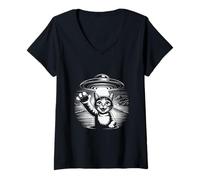 Femme Scène d'enlèvement de Chat OVNI de l'espace T-Shirt avec Col en V