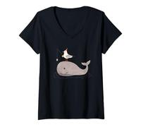 Femme Scène Nordique Amusante de pêche Baleine et Mouette T-Shirt avec Col en V