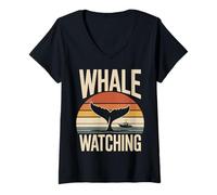 Femme Scène rétro d'observation des Baleines, océan, Coucher de Soleil, Bateau T-Shirt avec Col en V