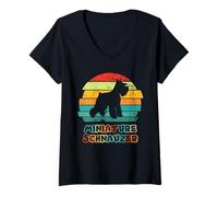 Femme Schnauzer Miniature Coucher de Soleil - Silhouette Rétro Vintage T-Shirt avec Col en V