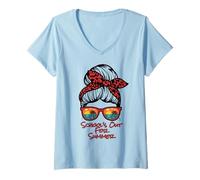 Femme School's Out for Summer Chignon désordonné Plage Coucher de Soleil Amusant Professeur T-Shirt avec Col en V