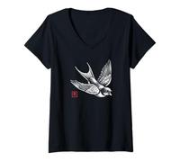 Femme Schwalbe Vintage avec un Tampon Kanji Esthétique Zen T-Shirt avec Col en V