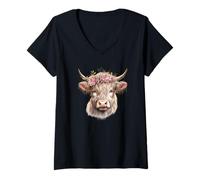 Femme Scottish Highland Cow with Flower Crown for Animal Lover T-Shirt avec Col en V