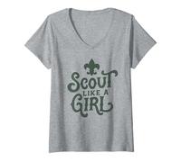 Femme Scout Like A Girl Fleur De Lis BSA Cub Scouts Typography T-Shirt avec Col en V