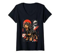 Femme Scruffy Teckel Urban Kawaii Dog Art T-Shirt avec Col en V