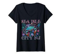 Femme SEA ISLE CITY NEW JERSEY BLEU CRAB ÉTÉ PLAGE VACANCES T-Shirt avec Col en V