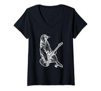 Femme Sea Lion Jouant de la Guitare Guitariste Plage Musicien Groupe T-Shirt avec Col en V