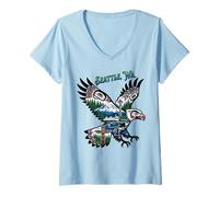 Femme Seattle Landmarks Eagle avec mât Totem Orca Mont Rainier, etc. T-Shirt avec Col en V