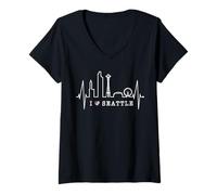 Femme Seattle Skyline Battement de Cœur USA Pouls J'aime Seattle T-Shirt avec Col en V