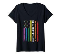 Femme Seattle Us American Flag Rainbow Gay LGBT Pride Month T-Shirt avec Col en V