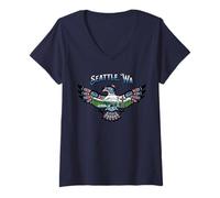 Femme Seattle, WA Eagle Landmarks avec MT Rainier Orca Bear, etc. T-Shirt avec Col en V