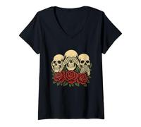 Femme See No Evil Hear No Evil Speak No Evil Squelette Skull Roses T-Shirt avec Col en V