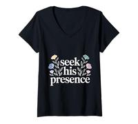 Femme Seek His Presence Foi d’Inspiration chrétienne - T-Shirt avec Col en V