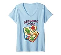 Femme Seguimo Aqui Boricua Coquí Frog Domino Pava Puerto Rico Flag T-Shirt avec Col en V