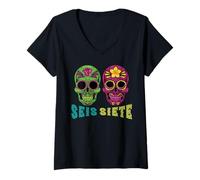 Femme SEIS Siete 67 Dia Los Muertos Sugar Skull Six Seven Mexican T-Shirt avec Col en V