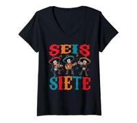 Femme SEIS Siete 67 Meme Six Seven Dia de Los Muertos Sugar Skull T-Shirt avec Col en V