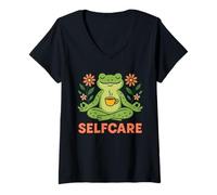 Femme Self-care grenouille méditant la pleine conscience zen T-Shirt avec Col en V