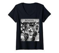 Femme Selfie Amusant du dernier Jour d'école des Vacances d'été avec Un Chat Maine Coon T-Shirt avec Col en V