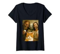 Femme Selfie Chat avec Bigfoot, Alien & Jésus | Chat drôle T-Shirt avec Col en V