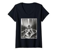 Femme Selfie Chien Avec Bigfoot Dans Forêt Brumeuse Humour T-Shirt avec Col en V