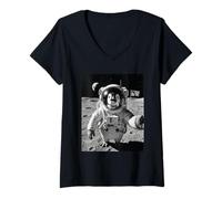 Femme Selfie d'astronaute de Pingouin sur la Lune Amant drôle de T-Shirt avec Col en V