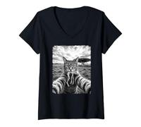 Femme Selfie de Chat avec Alien et OVNI | Chat Extraterrestre drôle T-Shirt avec Col en V
