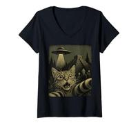 Femme Selfie de chat avec OVNI et ancienne pyramide perdue civilisation T-Shirt avec Col en V