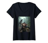 Femme Selfie de Singe avec Un Dinosaure - Jurassic Mayhem T-Shirt avec Col en V