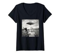 Femme Selfie drôle de bébé avec des ovnis, bébé drôle T-Shirt avec Col en V