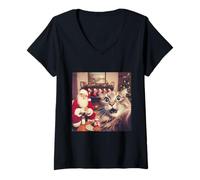 Femme Selfie drôle de chat de Noël avec humour de Noël T-Shirt avec Col en V