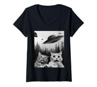 Femme Selfie drôle de Chat Extraterrestre avec des OVNIS T-Shirt avec Col en V